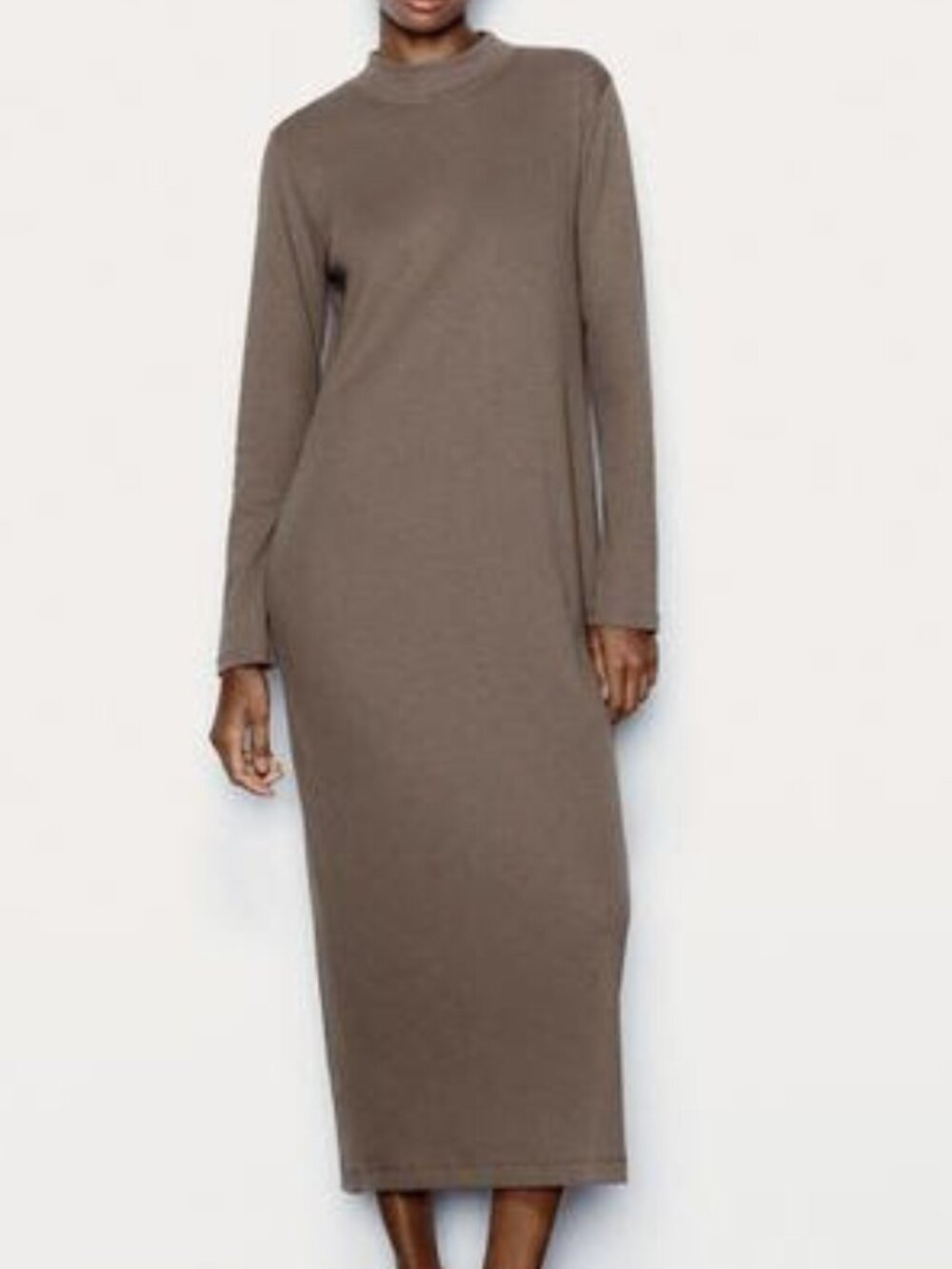 Midi Maxi Dress ZARA NWT Rib Mock Neck M Mink Long Sleeve Stretch Cotton Blend